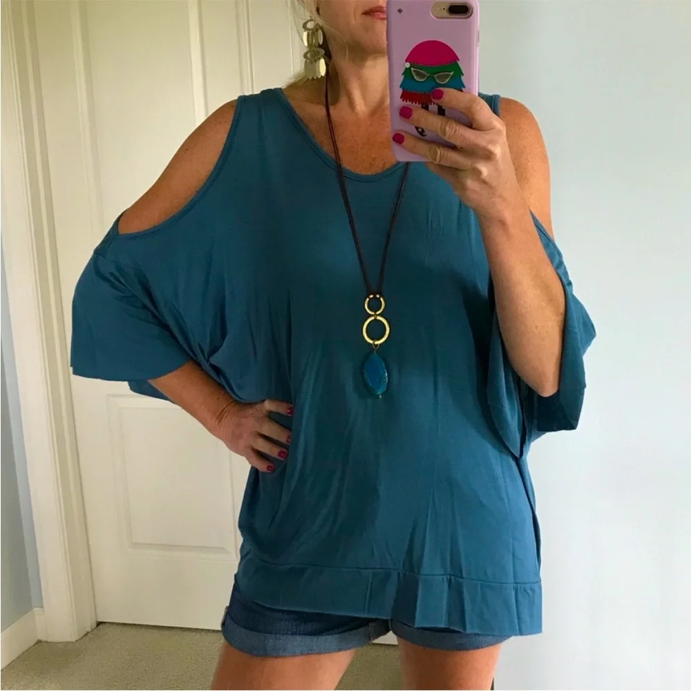 Cold Shoulder Tunic Top in Indigo - Picture 1 of 7